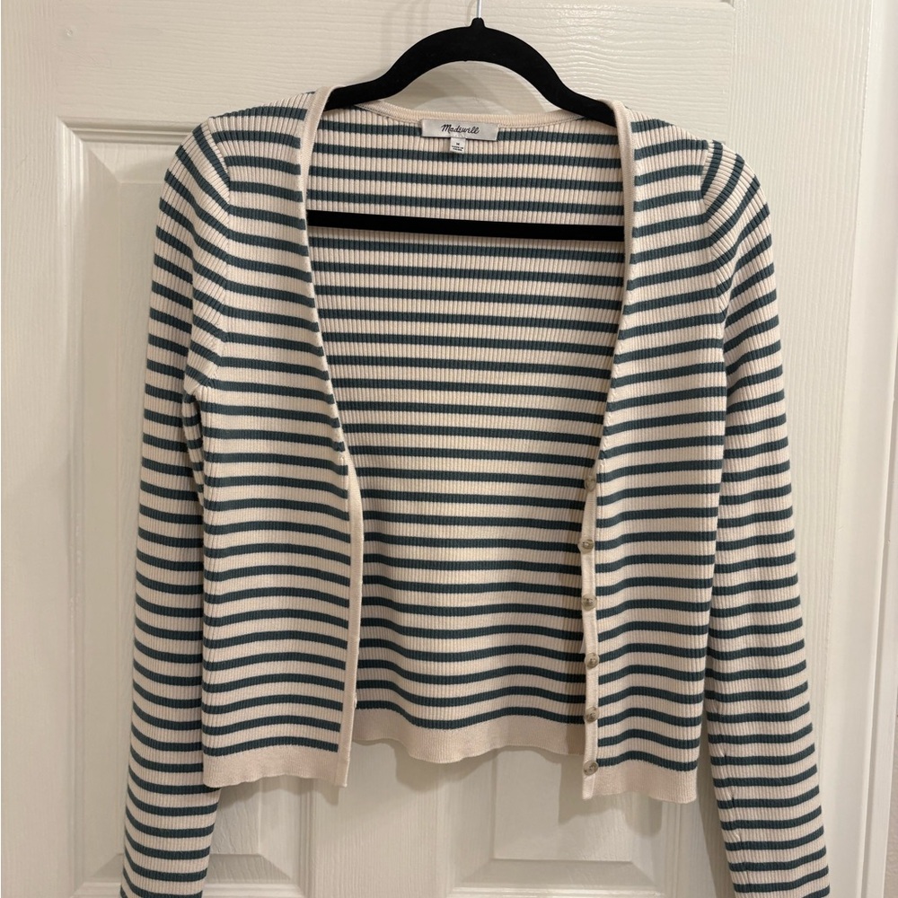 Madewell Cream and Green Striped Cardigan